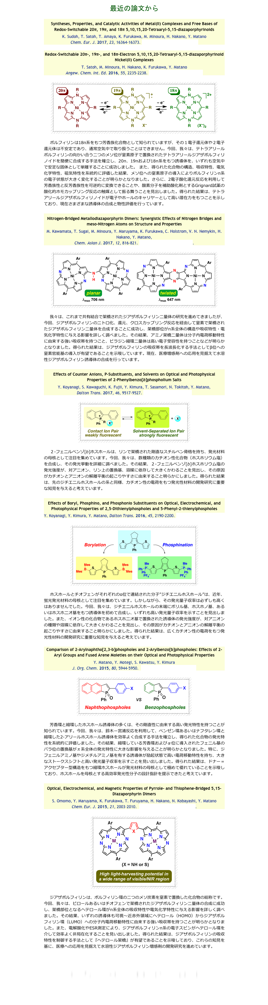最近の論文から

Syntheses, Properties, and Catalytic Activities of Metal(II) Complexes and Free Bases of Redox-Switchable 20π, 19π, and 18π 5,10,15,20-Tetraaryl-5,15-diazaporphyrinoids
K. Sudoh, T. Satoh, T. Amaya, K. Furukawa, M. Minoura, H. Nakano, Y. Matano
Chem. Eur. J. 2017, 23, 16364-16373. DOI: 10.1002/chem.201703664

Redox-Switchable 20π-, 19π-, and 18π-Electron 5,10,15,20-Tetraaryl-5,15-diazaporphyrinoid Nickel(II) Complexes
T. Satoh, M. Minoura, H. Nakano, K. Furukawa, Y. Matano
Angew. Chem. Int. Ed. 2016, 55, 2235-2238. DOI: 10.1002/anie.201510734

￼

　ポルフィリンは18π系をもつ芳香族化合物として知られていますが、その１電子還元体や２電子還元体は不安定であり、通常空気中で取り扱うことはできません。今回、我々は、テトラアリールポルフィリンの向かい合う二つのメソ位が窒素原子で置換されたテトラアリールジアザポルフィリノイドを簡便に合成する手法を確立し、20π、19πおよび18π系をもつ誘導体を、いずれも空気中で安定な固体として単離することに成功しました。 また、得られた化合物の構造、吸収特性、電気化学特性、磁気特性を系統的に評価した結果、メソ位への窒素原子の導入によりポルフィリンπ系の電子状態が大きく変化することが明らかとなりました。さらに、2電子酸化還元反応を利用して芳香族性と反芳香族性を可逆的に変換できることや、酸素分子を補助酸化剤とするGrignard試薬の酸化的ホモカップリング反応の触媒として振る舞うことを見出しました。得られた結果は、テトラアリールジアザポルフィリノイドが電子やホールのキャリヤーとして高い潜在力をもつことを示しており、現在さまざまな誘導体の合成と物性評価を行っています。

Nitrogen-Bridged Metallodiazaporphyrin Dimers: Synergistic Effects of Nitrogen Bridges and meso-Nitrogen Atoms on Structure and Properties
M. Kawamata, T. Sugai, M. Minoura, Y. Maruyama, K. Furukawa, C. Holstrom, V. N. Nemykin, H. Nakano, Y. Matano, 
Chem. Asian J. 2017, 12, 816-821. DOI: 10.1002/asia.201700204.

￼

　我々は、これまで共有結合で架橋されたジアザポルフィリン二量体の研究を進めてきましたが、今回、ジアザポルフィリンのニトロ化、還元、クロスカップリング反応を経由して窒素で架橋されたジアザポルフィリン二量体を合成することに成功し、架橋部位がπ系全体の構造や吸収特性・電気化学特性に与える影響を詳しく調べました。その結果、アミノ架橋二量体は分子内電荷移動特性に由来する強い吸収帯を持つこと、ピラジン縮環二量体は高い電子受容性を持つことなどが明らかとなりました。得られた結果は、ジアザポルフィリンの吸収帯を長波長化する手法としてβ位への窒素官能基の導入が有望であることを示唆しています。現在、医療増感剤への応用を見据えて水溶性ジアザポルフィリン誘導体の合成を行っています。

Effects of Counter Anions, P-Substituents, and Solvents on Optical and Photophysical Properties of 2-Phenylbenzo[b]phospholium Salts
Y. Koyanagi, S. Kawaguchi, K. Fujii, Y. Kimura, T. Sasamori, N. Tokitoh, Y. Matano, 
Dalton Trans. 2017, 46, 9517-9527. DOI: 10.1039/C7DT01839H 

￼

　２-フェニルベンゾ[b]ホスホールは、リンで架橋された剛直なスチルベン骨格を持ち、発光材料の母核として注目を集めています。今回、我々は、数種類のカチオン性化合物（ホスホリウム塩）を合成し、その発光挙動を詳細に調べました。その結果、２-フェニルベンゾ[b]ホスホリウム塩の発光強度が、対アニオン、リン上の置換基、溶媒に依存して大きくかわることを見出し、その原因がカチオンとアニオンの解離平衡の起こりやすさに由来すること明らかにしました。得られた結果は、先のジチエニルホスホールの系と同様、カチオン性の電荷をもつ発光性材料の開発研究に重要な知見を与えると考えています。

Effects of Boryl, Phosphino, and Phosphonio Substituents on Optical, Electrochemical, and Photophysical Properties of 2,5-Dithienylphospholes and 5-Phenyl-2-thienylphospholes
Y. Koyanagi, Y. Kimura, Y. Matano, Dalton Trans. 2016, 45, 2190-2200. DOI: 10.1039/C5DT03362D 

￼

　ホスホールとチオフェンがそれぞれのα位で連結された分子”ジチエニルホスホール”は、近年、蛍光発光材料の母核として注目を集めています。しかしながら、その発光量子収率は必ずしも高くはありませんでした。今回、我々は、ジチエニルホスホールの末端にボリル基、ホスホノ基、あるいはホスホニオ基をもつ誘導体を初めて合成し、いずれも高い発光量子収率を示すことを見出しました。また、イオン性の化合物であるホスホニオ基で置換された誘導体の発光強度が、対アニオンの種類や溶媒に依存して大きくかわることを見出し、その原因がカチオンとアニオンの解離平衡の起こりやすさに由来すること明らかにしました。得られた結果は、広くカチオン性の電荷をもつ発光性材料の開発研究に重要な知見を与えると考えています。

Comparison of 2-Arylnaphtho[2,3-b]phospholes and 2-Arylbenzo[b]phospholes: Effects of 2-Aryl Groups and Fused Arene Moieties on their Optical and Photophysical Properties
Y. Matano, Y. Motegi, S. Kawatsu, Y. Kimura
J. Org. Chem. 2015, 80, 5944-5950.  DOI: 10.1021/acs.joc.5b00541

￼

　芳香環と縮環したホスホール誘導体の多くは、その剛直性に由来する高い発光特性を持つことが知られています。今回、我々は、鈴木ー宮浦反応を利用して、ベンゼン環あるいはナフタレン環と縮環した2-アリールホスホール誘導体を効率よく合成する手法を確立し、得られた化合物の発光特性を系統的に評価しました。その結果、縮環している芳香環およびα位に導入されたフェニル基のパラ位の置換基がπ系全体の発光特性に大きな影響を与えることが明らかとなりました。特に、ジフェニルアミノ基やジメチルアミノ基を有する誘導体が励起状態で高い電荷移動特性を持ち、大きなストークスシフトと高い発光量子収率を示すことを見い出しました。得られた結果は、ドナー＝アクセプター型構造をもつ縮環ホスホールが発光材料の母核として極めて優れていることを示唆しており、ホスホールを母核とする高効率発光性分子の設計指針を提示できたと考えています。

Optical, Electrochemical, and Magnetic Properties of Pyrrole- and Thiophene-Bridged 5,15-Diazaporphyrin Dimers
S. Omomo, Y. Maruyama, K. Furukawa, T. Furuyama, H. Nakano, N. Kobayashi, Y. Matano
Chem. Eur. J. 2015, 21, 2003–2010.  DOI: 10.1002/chem.201405482.

￼

　ジアザポルフィリンは、ポルフィリン環の二つのメソ炭素を窒素で置換した化合物の総称です。今回、我々は、ピロールあるいはチオフェンで架橋されたジアザポルフィリン二量体の合成に成功し、架橋部位となるヘテロール環がπ系全体の吸収特性や電気化学特性に与える影響を詳しく調べました。その結果、いずれの誘導体も可視〜近赤外領域にヘテロール（HOMO）からジアザポルフィリン環（LUMO）への分子内電荷移動特性に由来する強い吸収帯を持つことが明らかとなりました。また、電解酸化やESR測定により、ジアザポルフィリンπ系の電子スピンがヘテロール環を介して効率よく非局在化することを見い出しました。得られた結果は、ジアザポルフィリンの吸収特性を制御する手法として『ヘテロール架橋』が有望であることを示唆しており、これらの知見を基に、医療への応用を見据えて水溶性ジアザポルフィリン増感剤の開発研究を進めています。



トップ　　　　メンバー　　　　研究概要　　　　　論文　　　　できごと　　　　風景

化学科ホームページへ
新潟大学ホームページへ
 
 